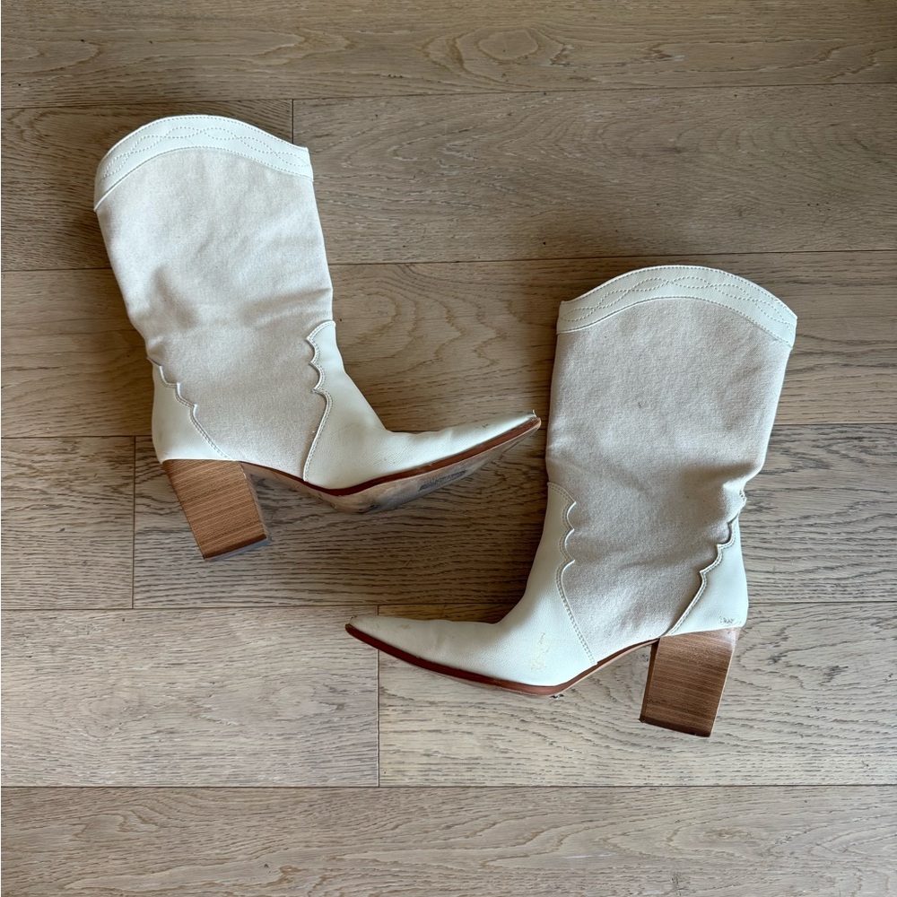 OAK + FORT Cream Cowboy Boot with Wooden Heel